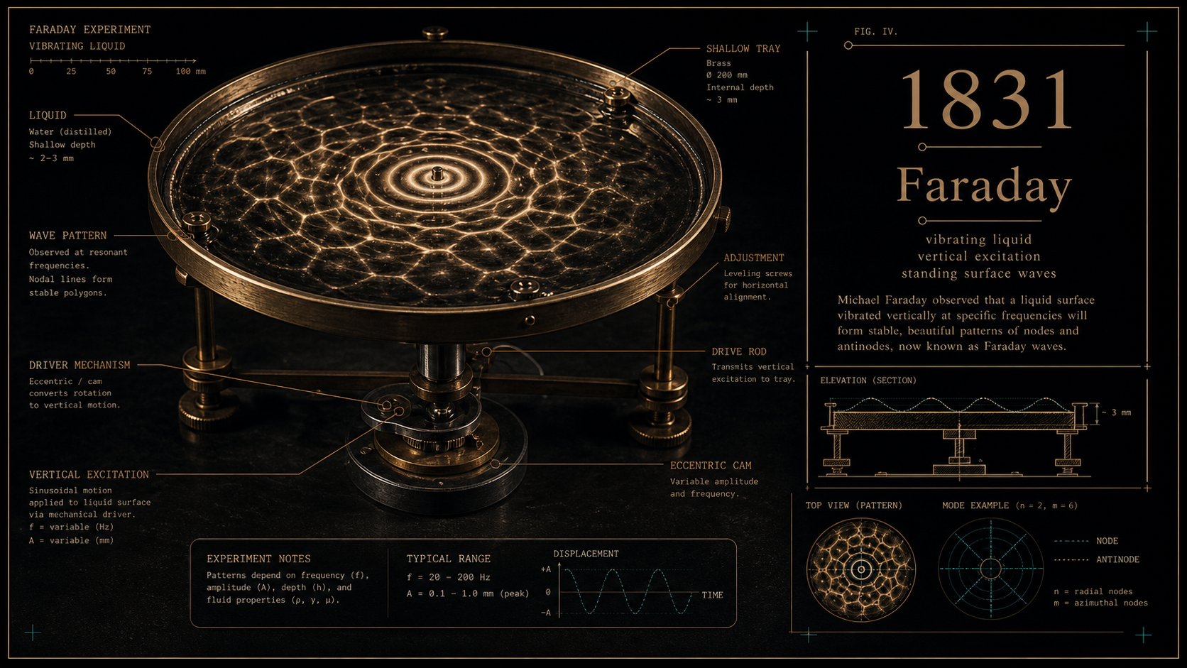 1831 Michael Faraday: Archival-style plate showing Michael Faraday's vibrating liquid apparatus, with a shallow tray, vertical exciter, and standing surface-wave pattern.